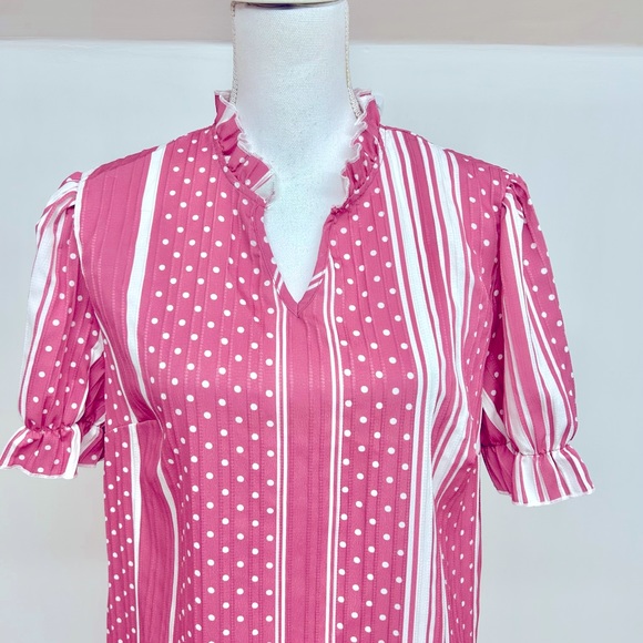 NWOT. Striped Polka Dot Ruffled Blouse Size Large - Picture 2 of 5